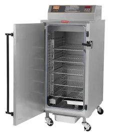A Southern Pride electric smoker with its door open, showing the product racks
