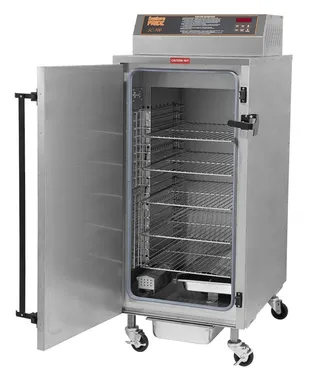 A Southern Pride electric smoker with its door open, showing the product racks
