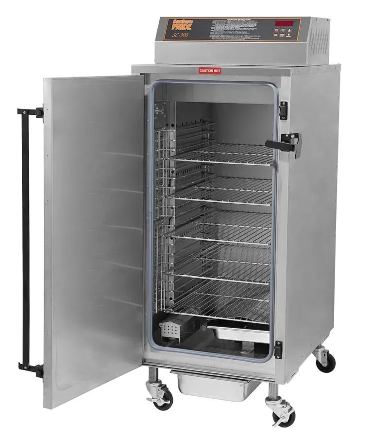 A Southern Pride electric smoker with its door open, showing the product racks
