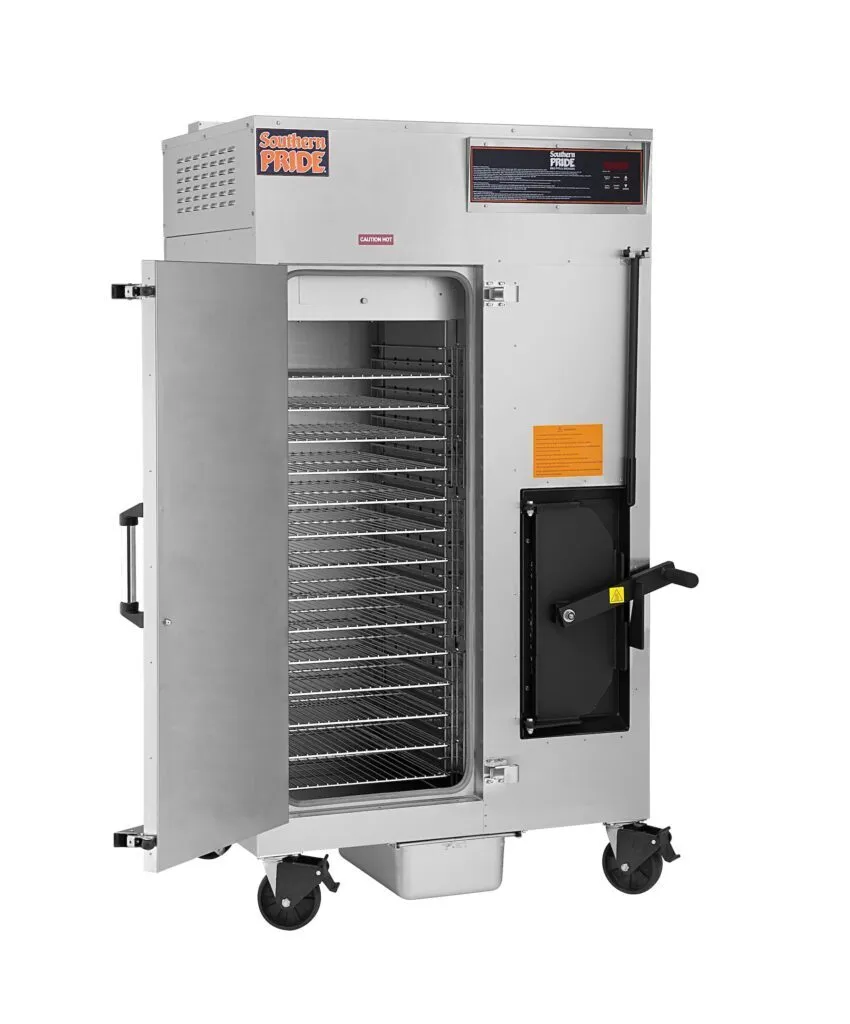 A Southern Pride gas smoker with its door open, showing the product racks