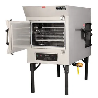 MLR-150 gas smoker, left side, doors open