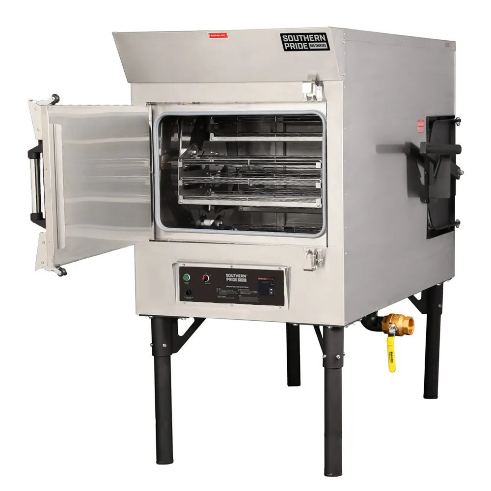 MLR-150 gas smoker, left side, doors open
