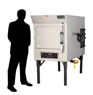 MLR-150 gas smoker, shown beside a person for scale
