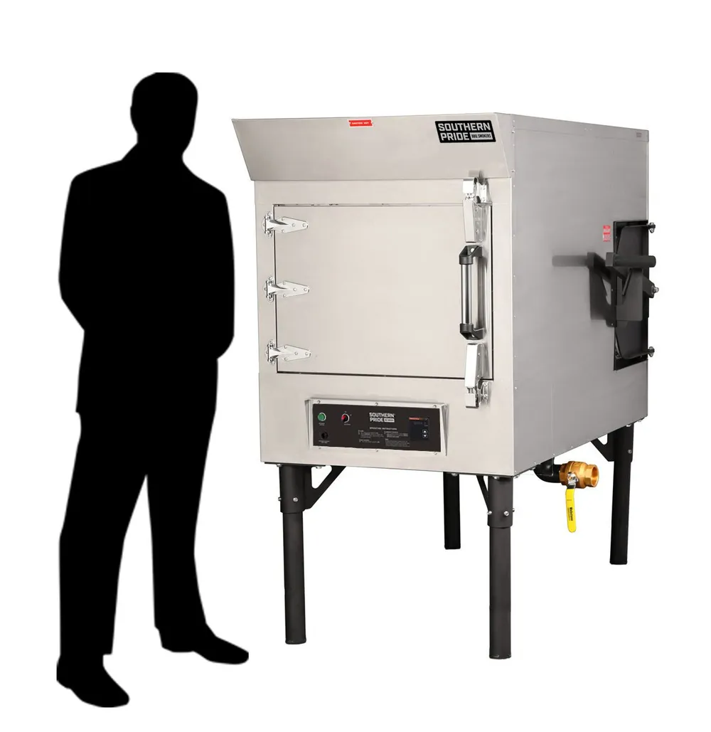 MLR-150 gas smoker, shown beside a person for scale