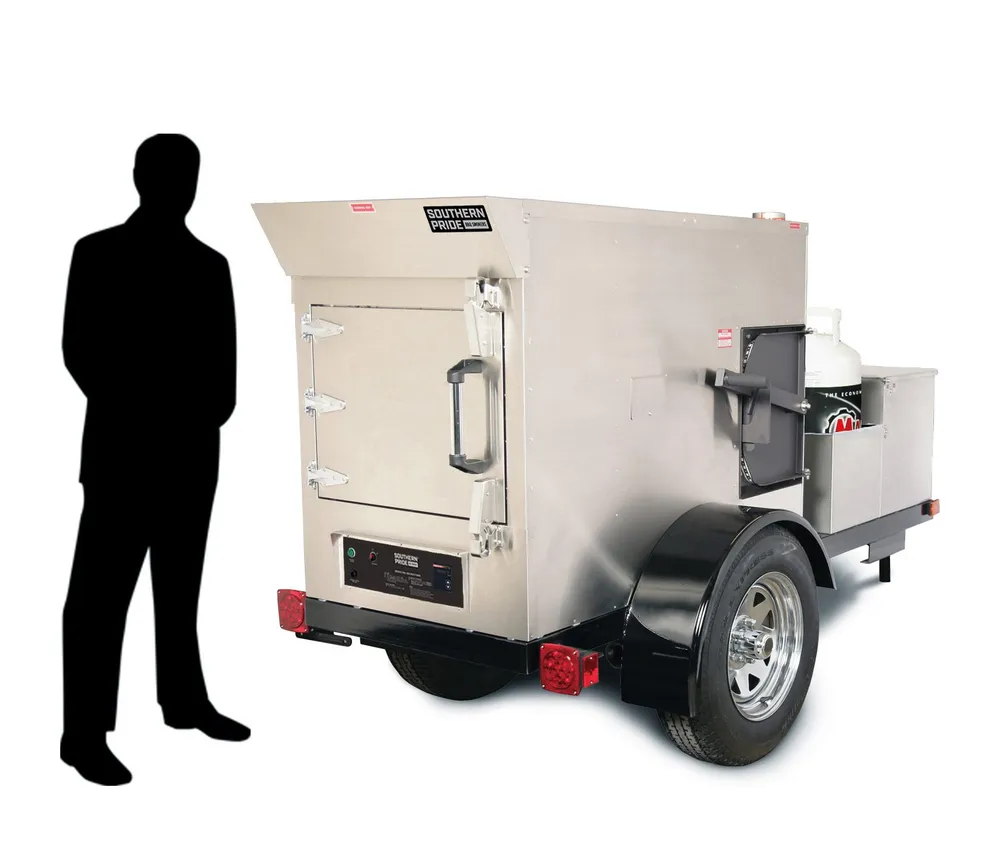 MLR-150 mobile smoker, shown beside a person for scale