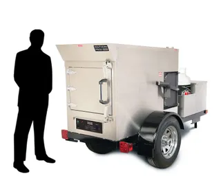 MLR-150 mobile smoker, shown beside a person for scale
