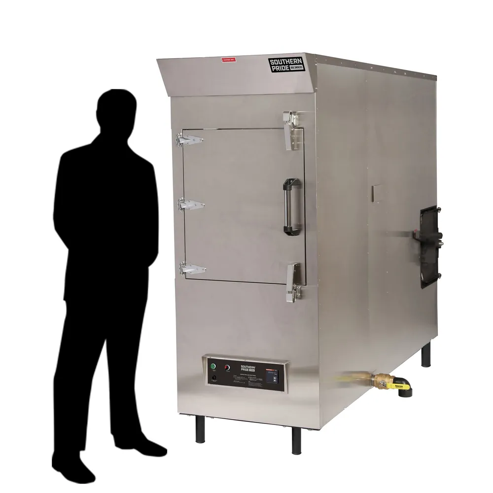 MLR-850 gas smoker, left side, shown beside a person for scale
