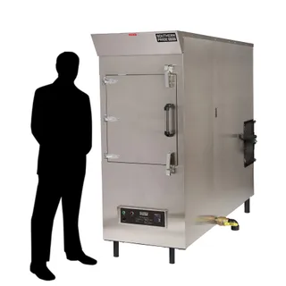 MLR-850 gas smoker, left side, shown beside a person for scale