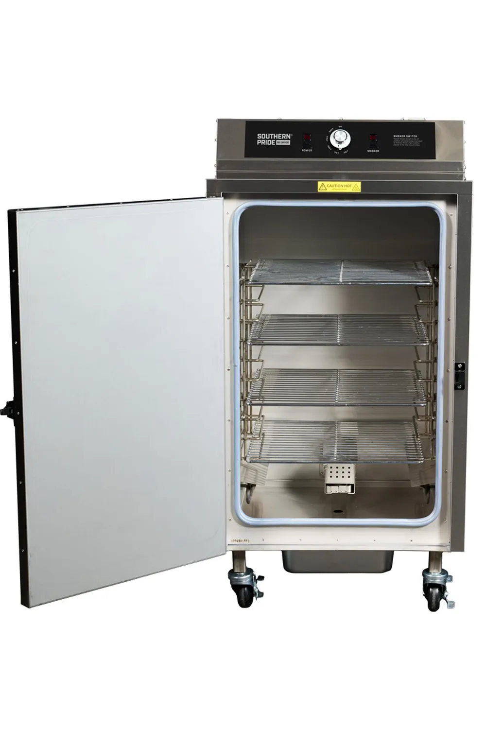 SC-100 electric smoker, front side, doors open