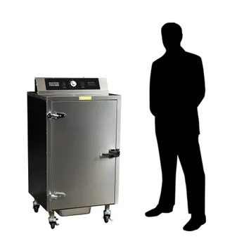 SC-100 electric smoker, right side, shown beside a person for scale