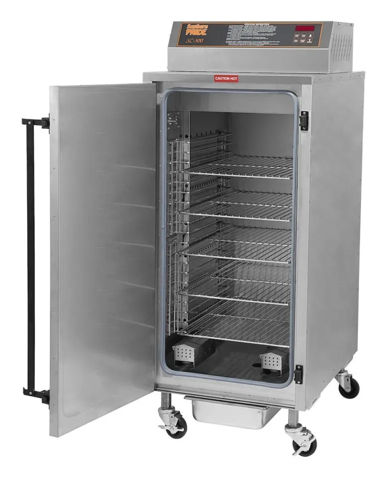 SC-300 electric smoker, left side, doors open