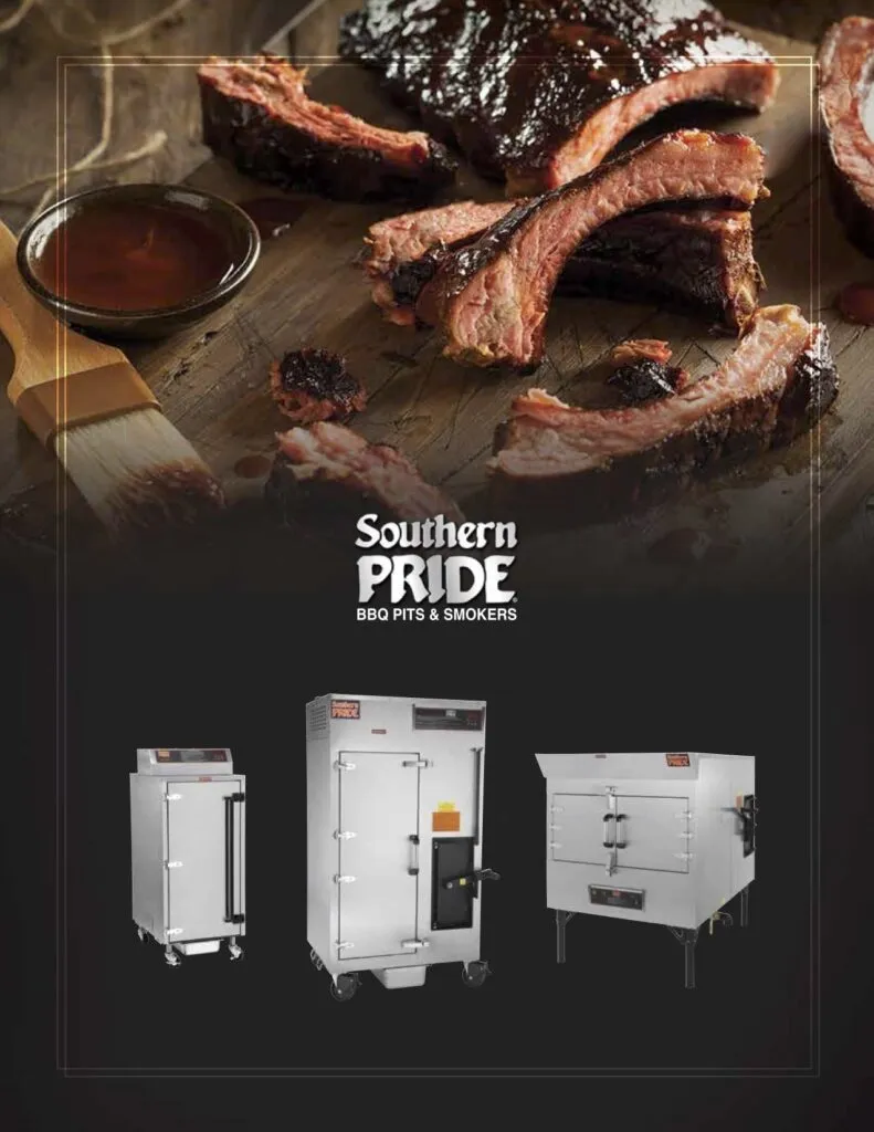 Southern Pride brochure cover showing ribs, sauce and three smokers