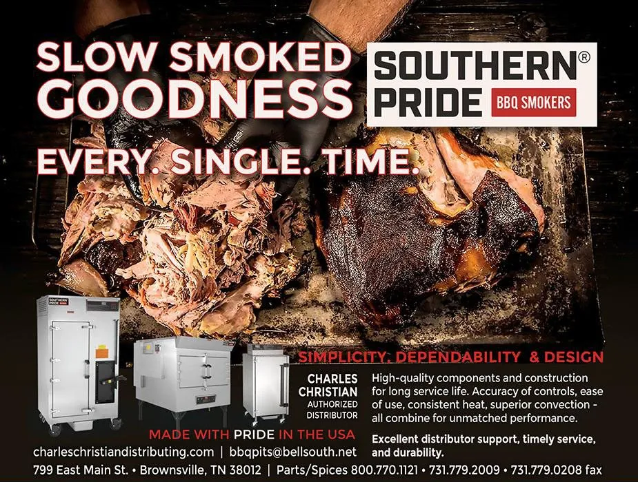 Southern Pride advertisement reading “Slow smoked goodness every single time”, naming Charles Christian Distributing as authorized distributor