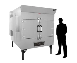 SP-700 gas smoker, right side, shown beside a person for scale