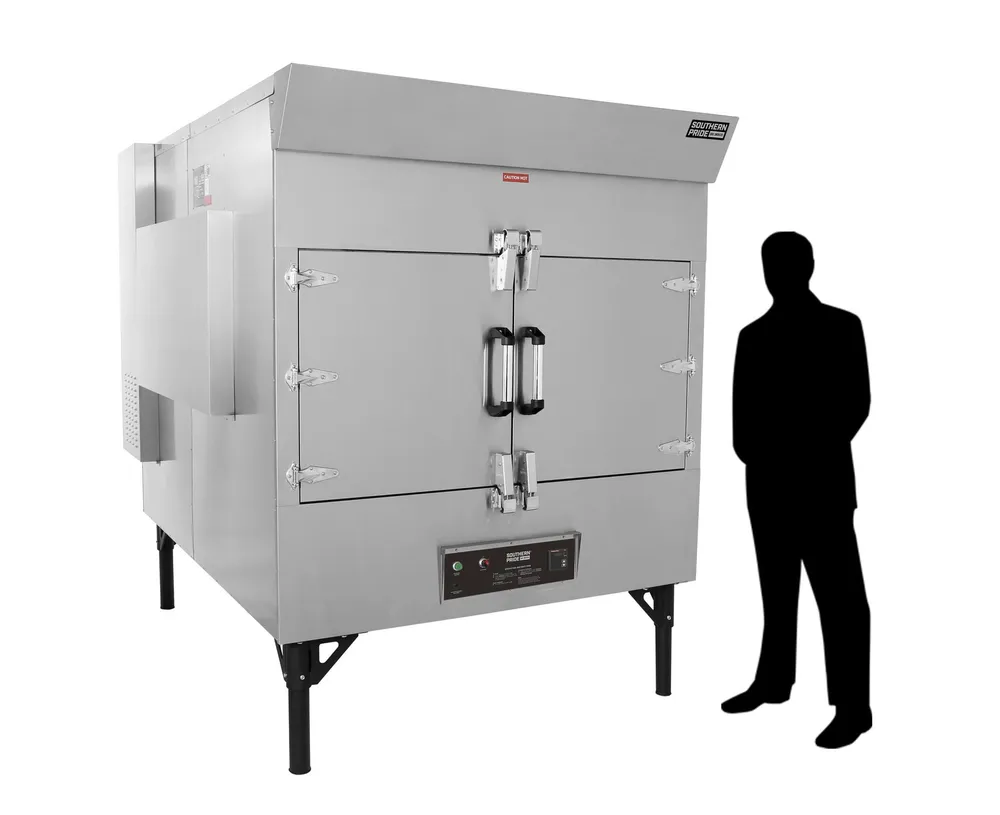 SP-700 gas smoker, right side, shown beside a person for scale