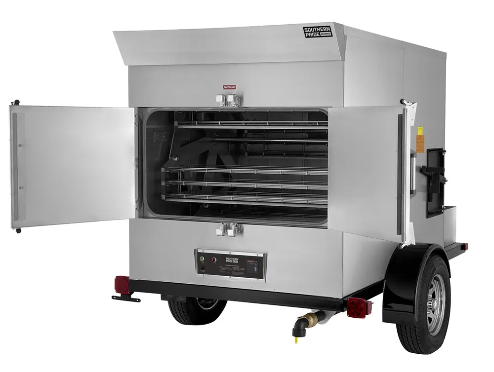 SP-700 mobile smoker, left side, doors open