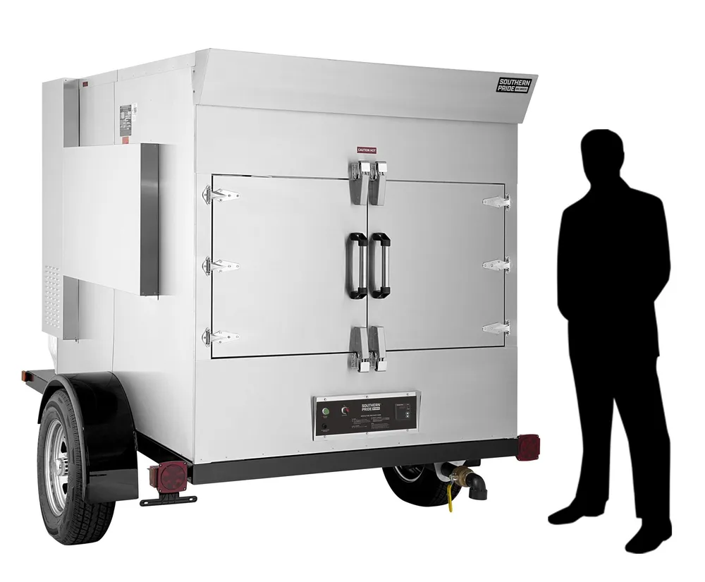 SP-700 mobile smoker, right side, shown beside a person for scale