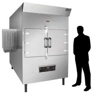 SPK-1400 gas smoker, right side, shown beside a person for scale