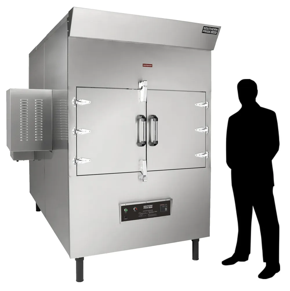 SPK-1400 gas smoker, right side, shown beside a person for scale