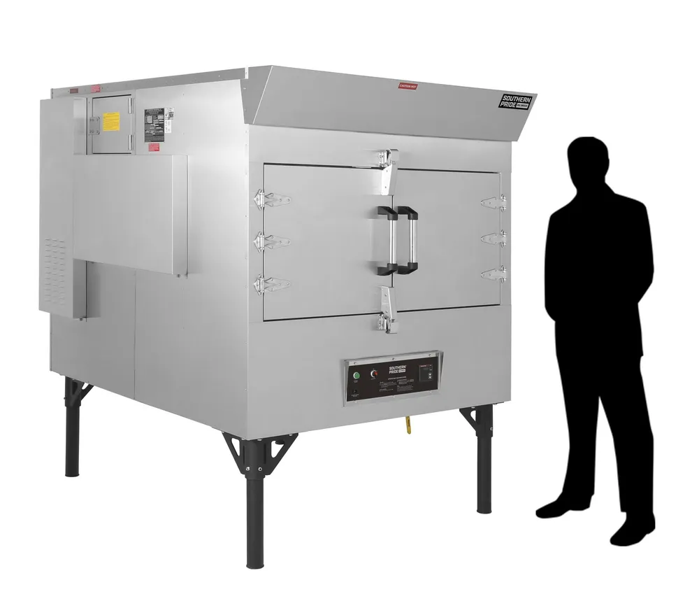 SPK-500 gas smoker, right side, shown beside a person for scale