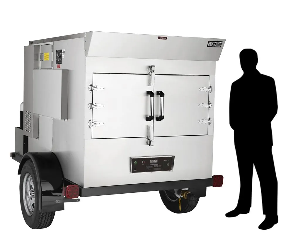 SPK-500 mobile smoker, right side, shown beside a person for scale