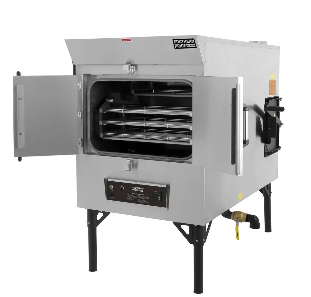 SPX-300 gas smoker, left side, doors open