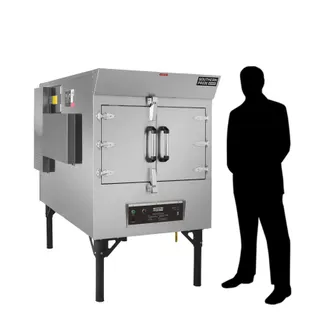 SPX-300 gas smoker, right side, shown beside a person for scale