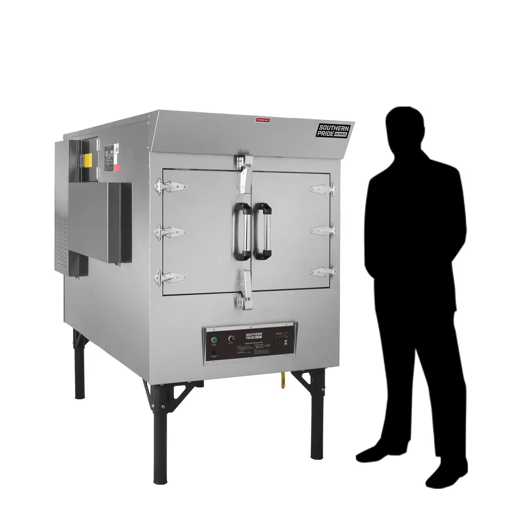 SPX-300 gas smoker, right side, shown beside a person for scale