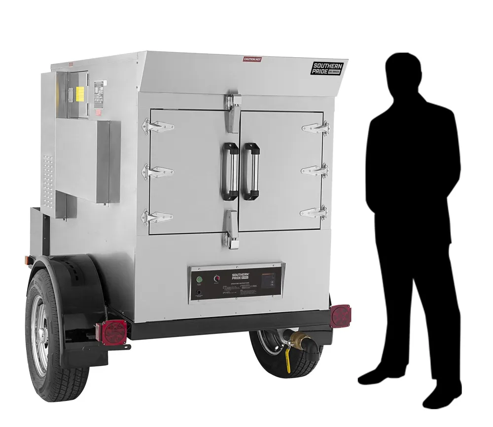 SPX-300 mobile smoker, right side, shown beside a person for scale