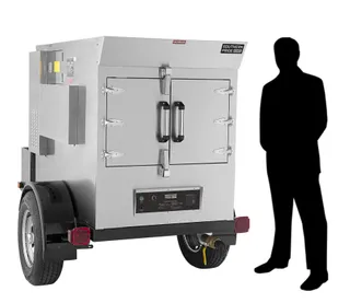 SPX-300 mobile smoker, right side, shown beside a person for scale