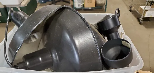 Used restaurant equipment 4: stainless steel food chopper parts in a tub