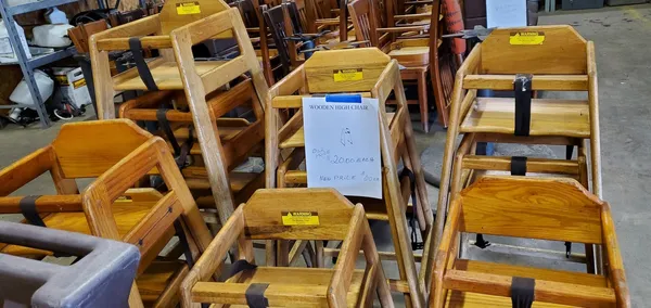 Used restaurant equipment 18: stacked wooden high chairs